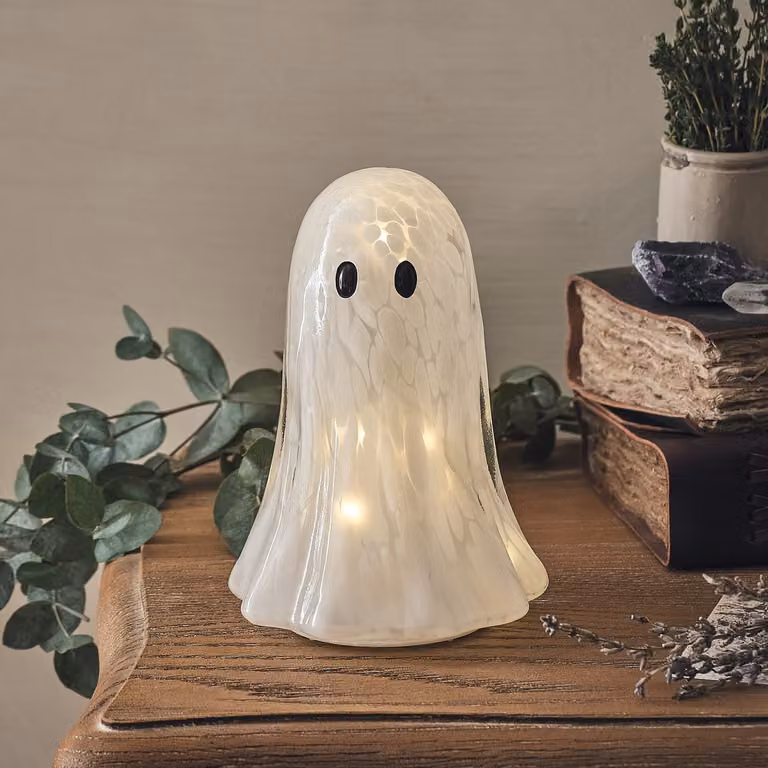 Gertie the Ghost Large Confetti Glass LED Halloween Tabletop Decoration, White, H: 15.5 cm, W: 10.4 cm, D: 10.4 cm
