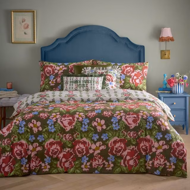 Make it a Home Reversible Cottage Floral Duvet Cover Set, Multicolour (Green, Pink), W: 180 cm x L: 200 cm