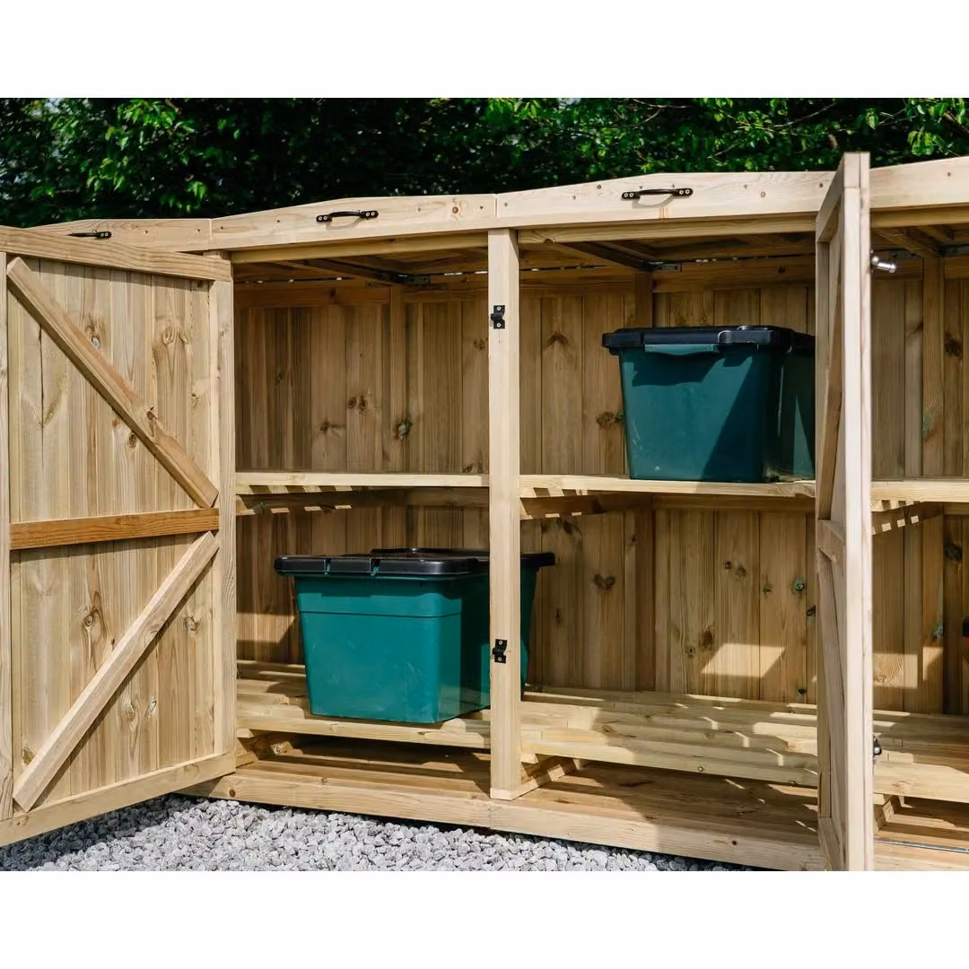 Buttercup Farm Chatburn Brown Wooden Bin Store with Shelving for 1x 180L/240L Wheelie Bins and 8x Boxes – 4