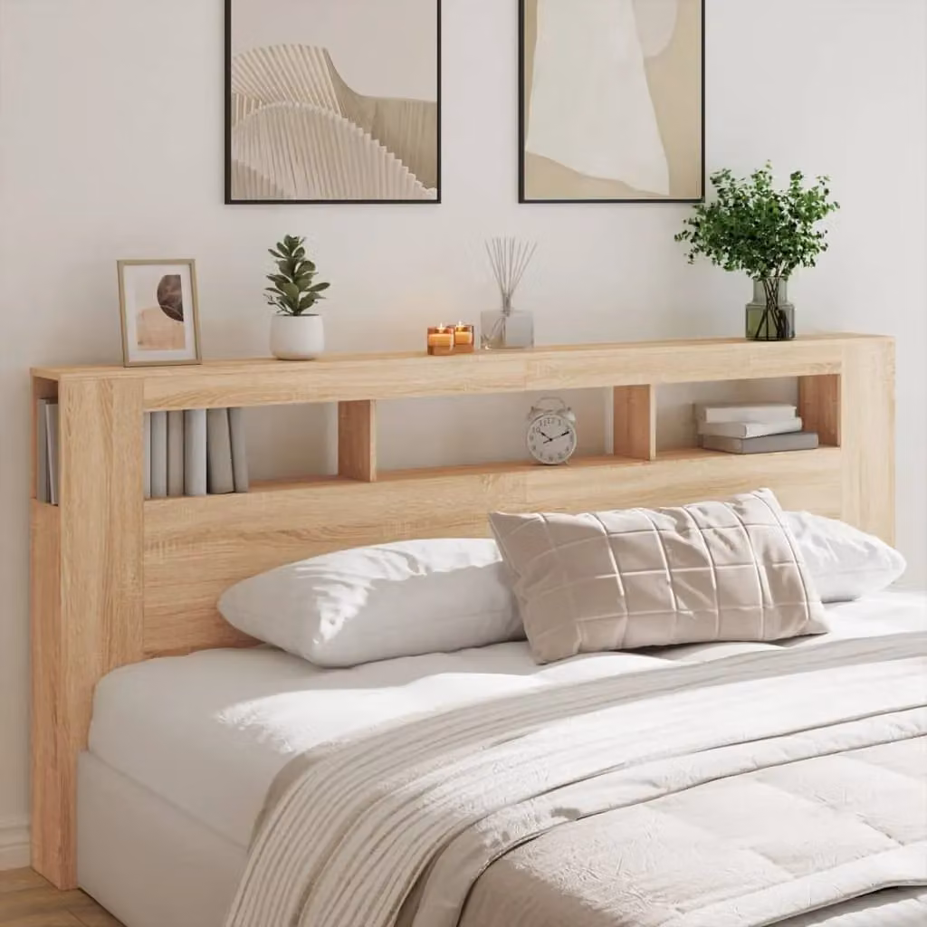 Berkfield Home Sonoma Oak LED Headboard in Brown with Integrated Lighting, Shelf and USB Charging Port, W: 220 cm, D: 18.5 cm, H: 103.5 cm – 2