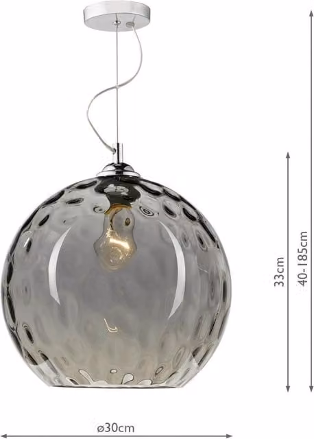 Dar AUL0110 Suspended Sphere Pendant Light in Black and Chrome with Transparent Grey Glass, Height Adjustable and Dimmable, H 185 cm x W 60 cm x D 30 cm