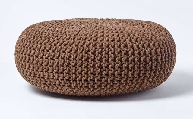 Homescapes Large Round Cotton Knitted Pouffe Footstool in Brown