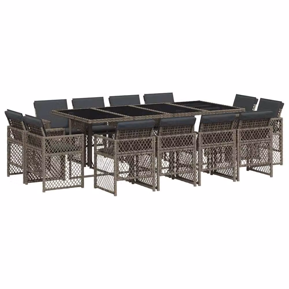 Berkfield Home 13 Piece Grey Poly Rattan Garden Dining Set with Cushions and Glass Tabletop – 2