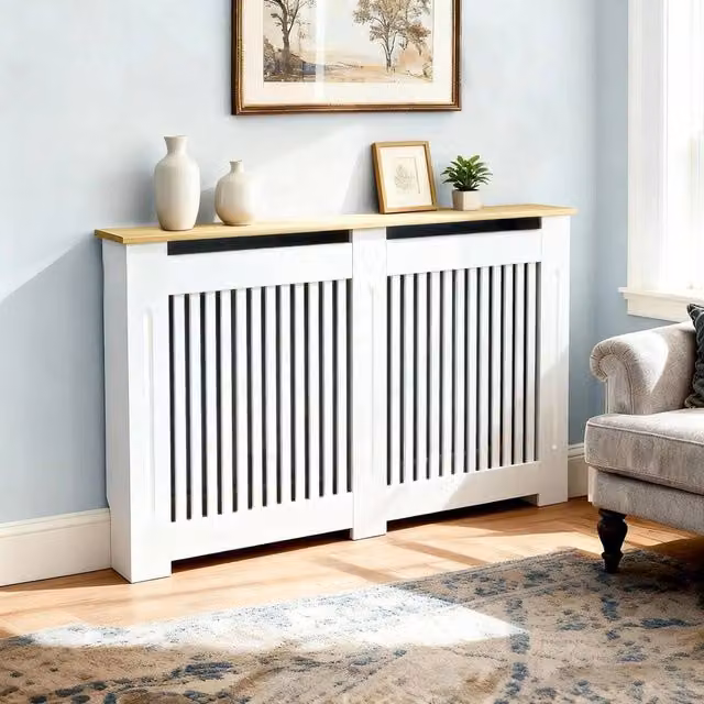 FORGEVIO Vertical Radiator Cover Shelf with Back Panel in White, W/D/H: 152 x 20 x 92.5 cm