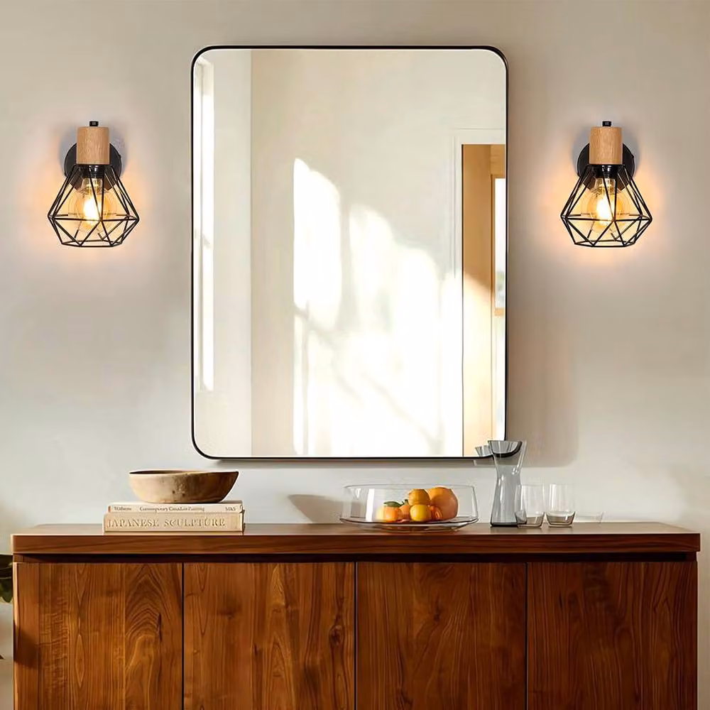 Goeco Pack of 2 Industrial Vintage Wall Lights in Black and Wood with 360 Degree Adjustable Omnidirectional Design – 6