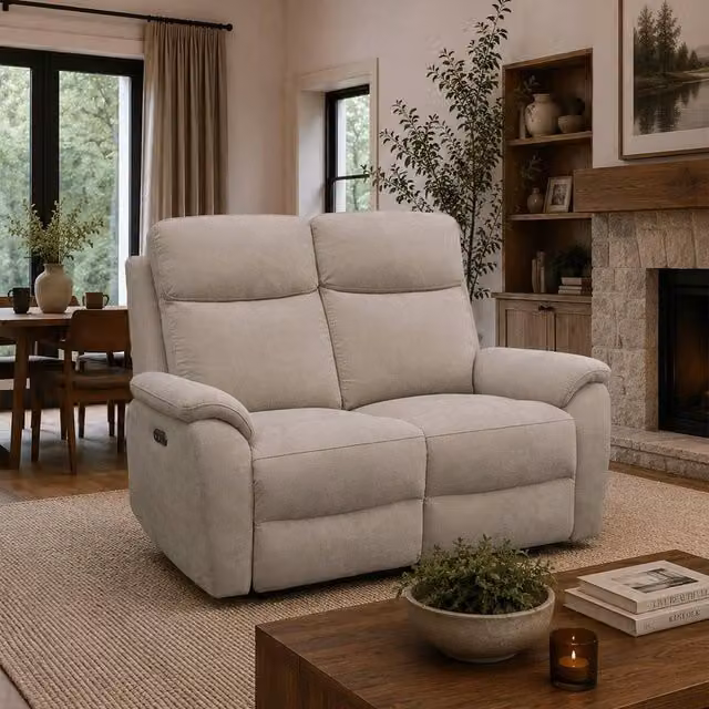 Aspire Richmond 2 Seater Power Recliner Sofa in Natural Chenille Fabric with USB Charging – 1