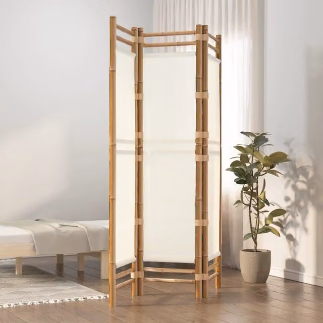 Berkfield Home 3-Panel Folding Room Divider in Beige Bamboo and Canvas, Width: 120 cm