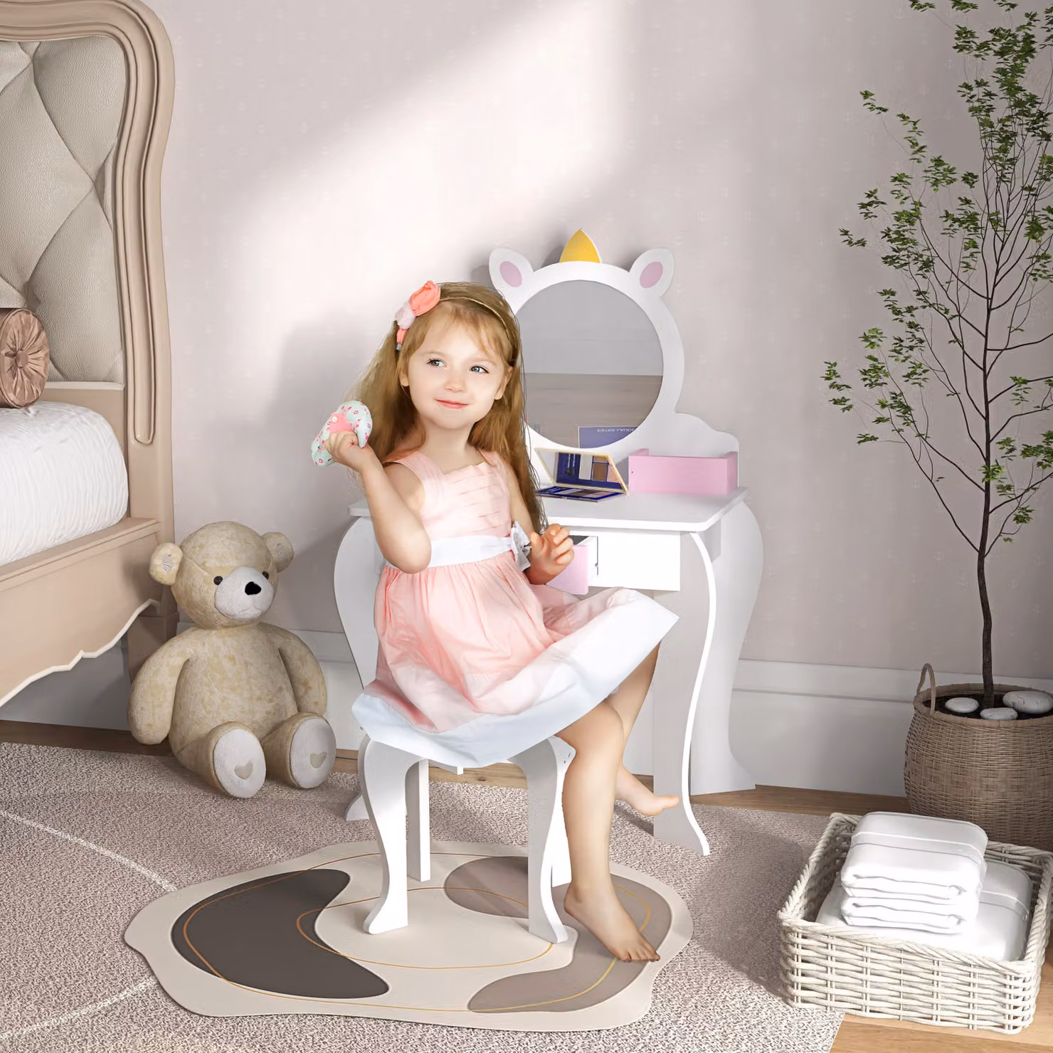 ZONEKIZ Kids Unicorn Dressing Table with Mirror and Stool, White – 2
