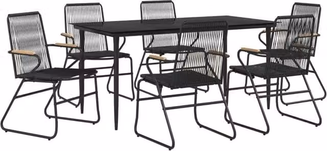 Berkfield Home Beautiful 7 Piece Black PVC Rattan Garden Dining Set with Teak Wood and Glass Details