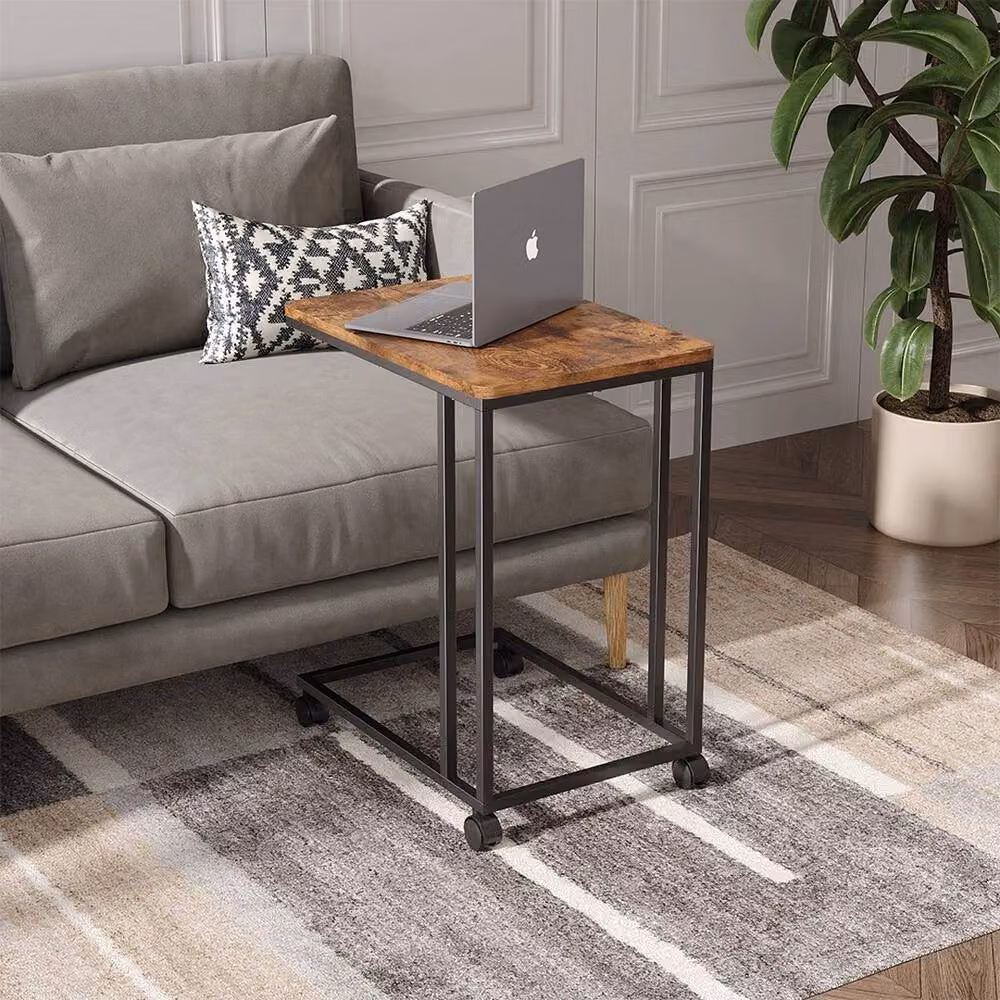 VOGREX Industrial Adjustable Height Side Table with Castors in Brown and Black – 3