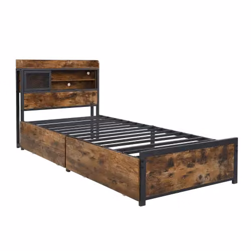 Matteo Metal Single Bed in Black with LED Light Strip, 2 Drawers and USB Charging Ports, W/D/H: 90 x 190 x 83.5 cm – 5