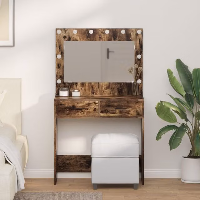 Berkfield Home Smoked Oak Dressing Table with Hollywood LED Lights, Brown, W: 78.5 cm, D: 41 cm, H: 135 cm