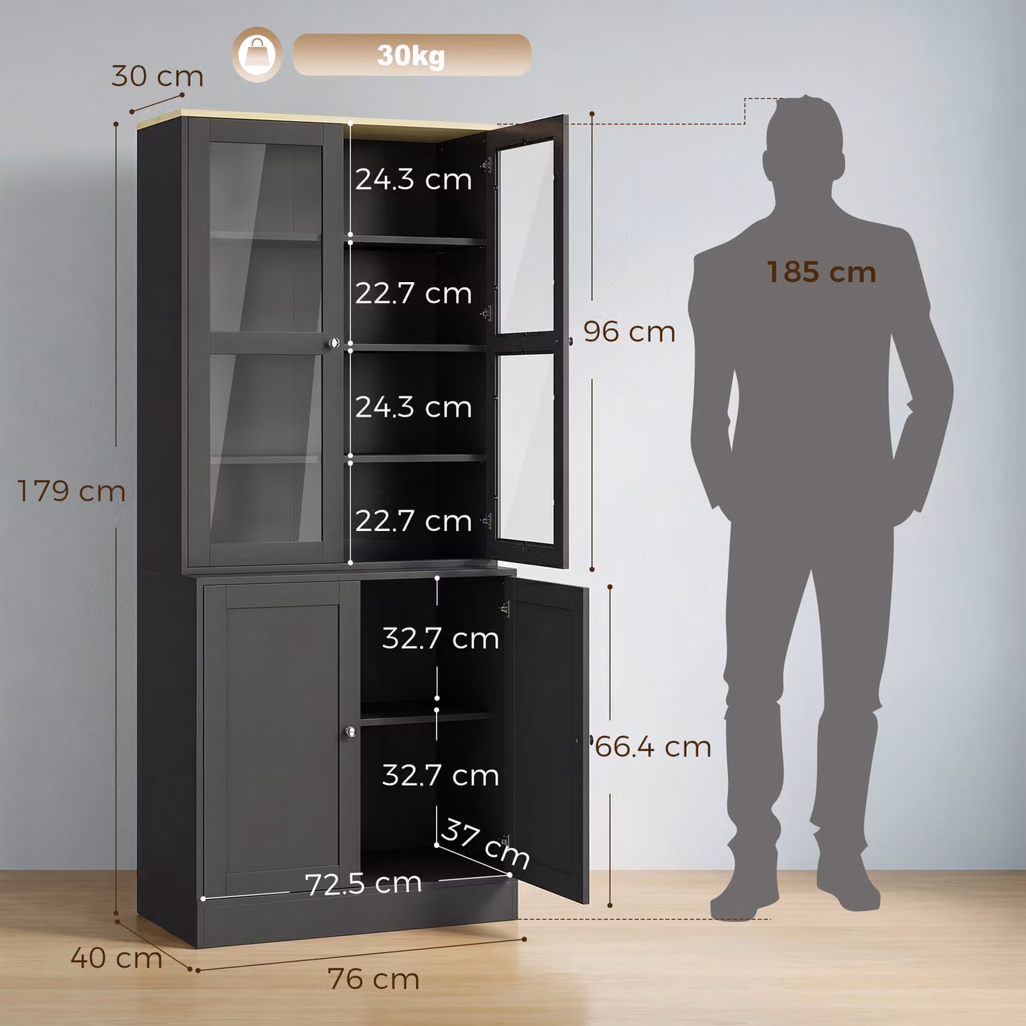 HOMCOM Modern Black Bookcase Display Storage Unit with Glass Doors and Adjustable Shelves, H: 179.0 cm, W: 76.0 cm, D: 30.0 cm – 3