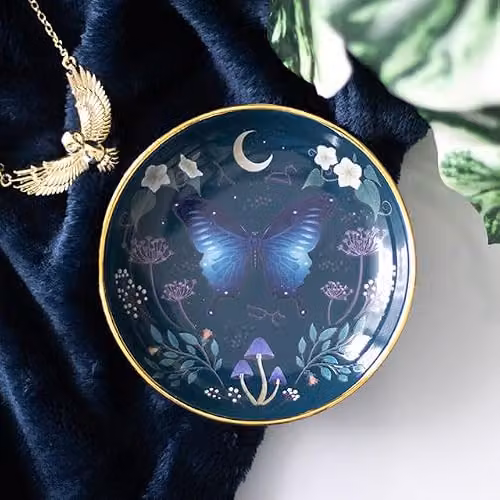 Something Different Wholesale Midnight Moth Round Trinket Dish in Petrol Blue with Gold Accents and Floral Details – 2