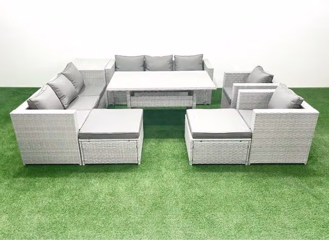 Fimous 8-Seater Rattan Garden Furniture Set with Patio Dining and Sofa in Light Grey Mixed
