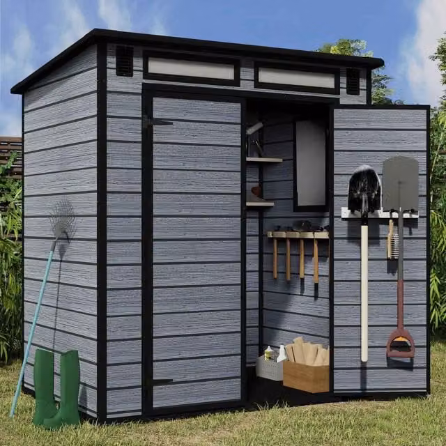 BIRCHTREE Grey Plastic Garden Shed with Wood Grain Effect and Pent Roof, W/D/H: 197 x 181 x 131 cm