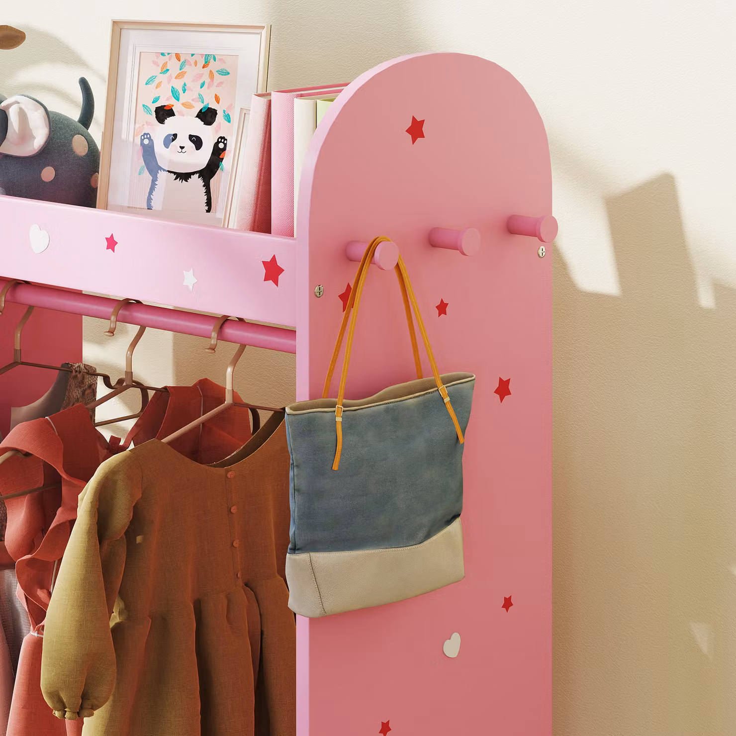 AIYAPLAY Kids Clothes Rail and Wardrobe with Mirror, Shelves, Fabric Storage and Hooks, Pink – 3