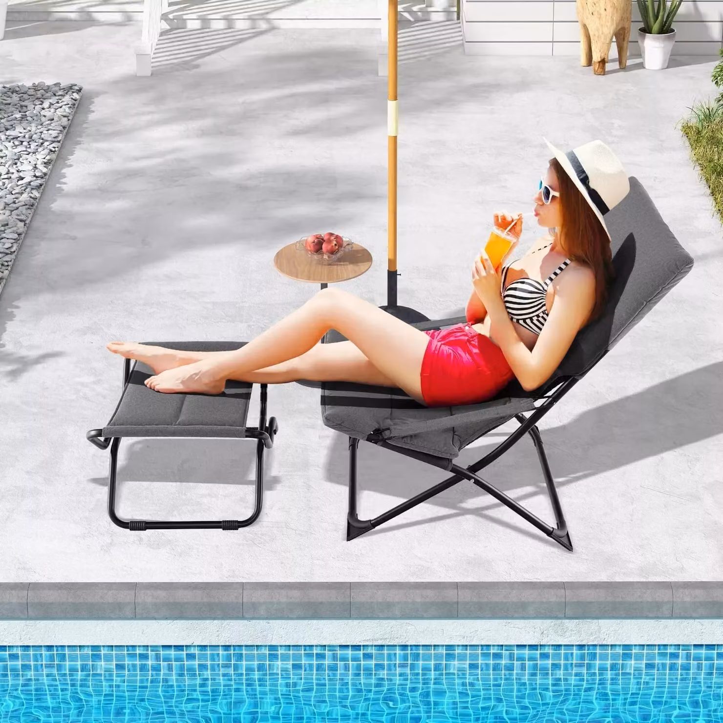 Costway Grey Folding Sling Patio Lounge Chair with Footrest and Armrests – 4