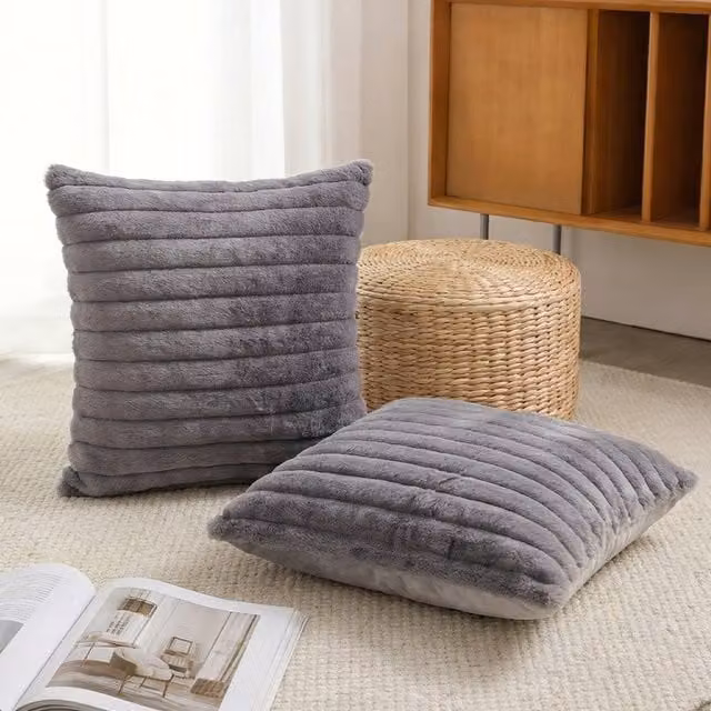 Livingandhome Set of 2 Grey Soft Plush Striped Square Throw Pillow Covers