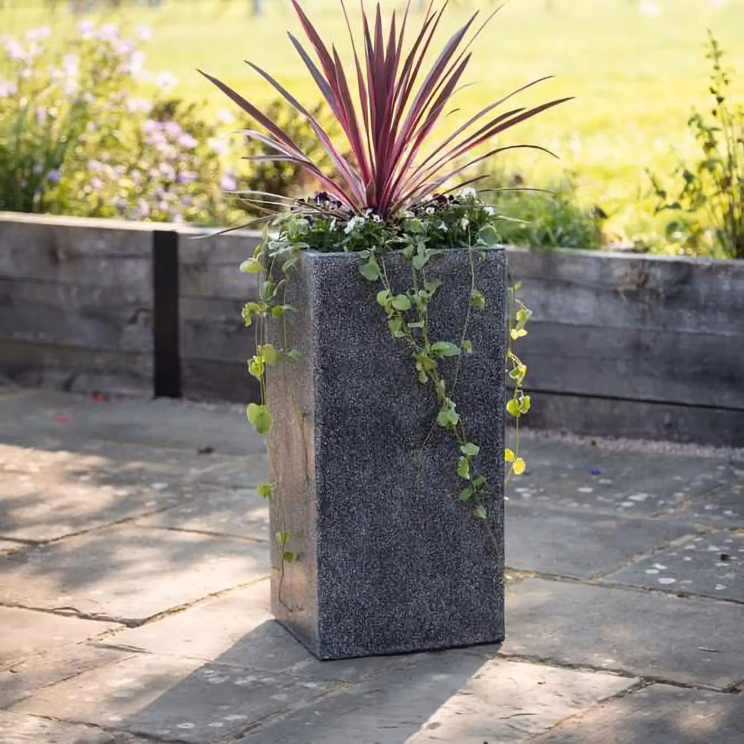 Primrose Black Poly Terrazzo Stone Tall Cube Outdoor Planter Set of 2 in Grey, H60cm and H79cm – 2