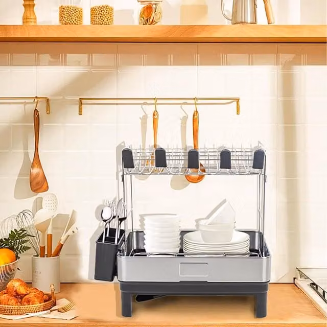 Xample 2-Tier Dish Drying Rack with Drip Tray and Cutlery Holder in Black – 1