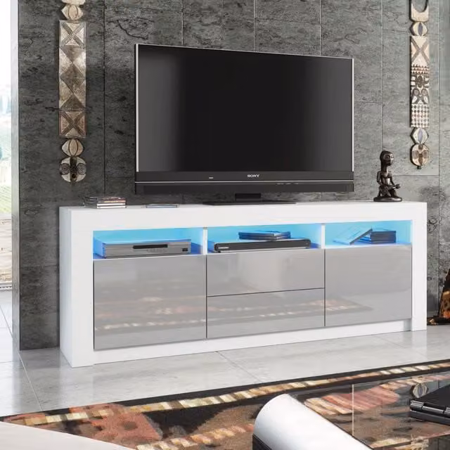Mex Furniture LTD Modern TV Unit with Matt Body and Gloss Doors in Light Grey, W: 160 cm, D: 35 cm, H: 60 cm – 1