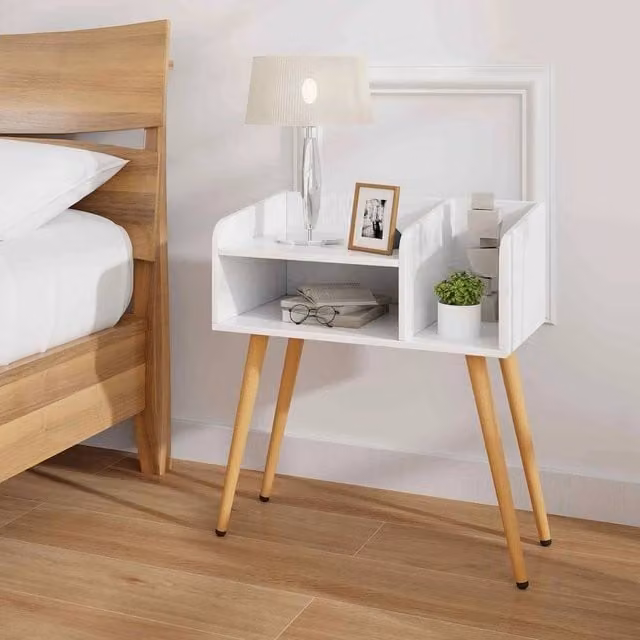 Havendro 2-Tier Mid-Century Bedside Table with Metal Support Legs in White and Multicolour
