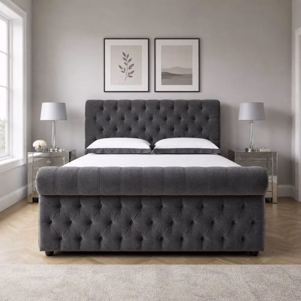 Stratus Interiors Valentino Grey Velvet Chesterfield Sleigh Bed with Gas Lift Ottoman Storage, Size: King (W/D/H: 180 x 200 cm) – 2