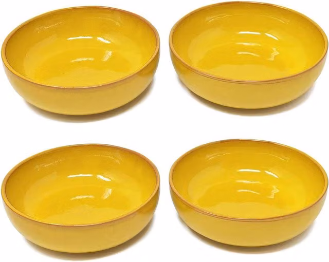 Verano Spanish Ceramics Selena Glazed Hand Dipped Yellow Ceramic Shallow Bowls, Set of 4, Diameter: 14 cm