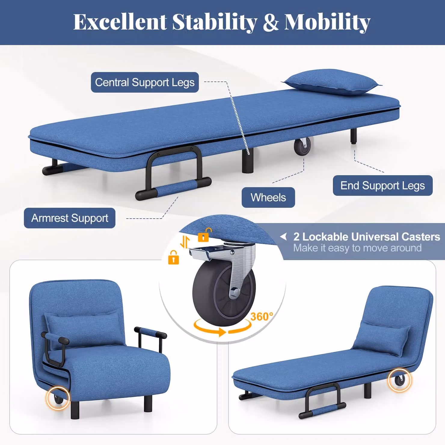 Costway Modern Fabric Single Folding Sofa Bed Chair in Blue – 5