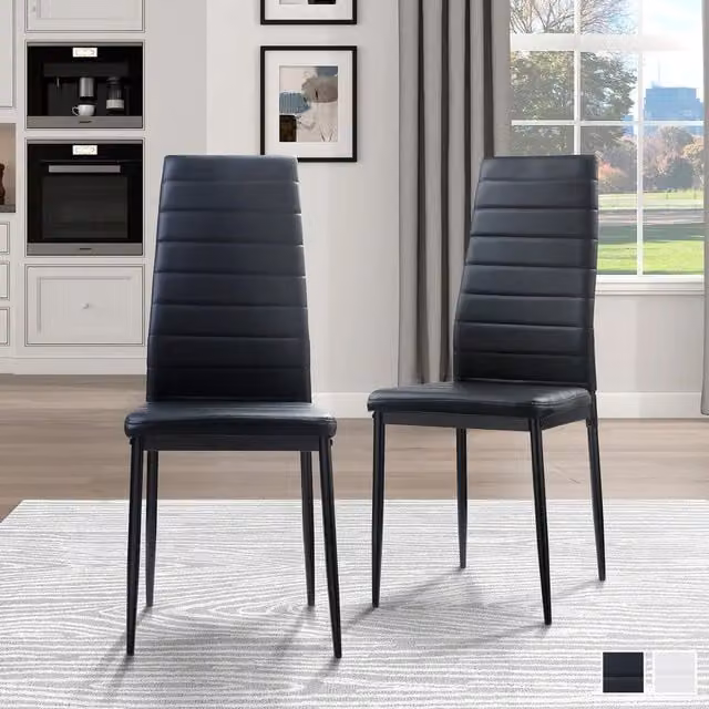 Livingandhome Set of 2 Black PU Leather Retro Dining Chairs with Metal Legs