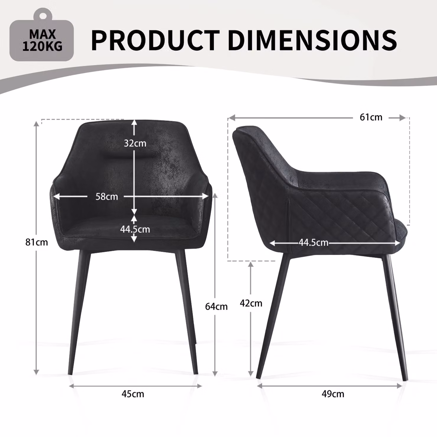 SONARA Set of 4 Modern Black Faux Suede Dining Chairs with Armrests and Metal Legs – 2
