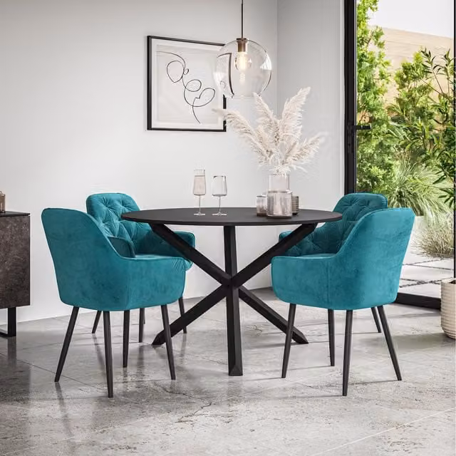 More4Homes Malvern Round Black Dining Table with 4 Blue Anika Velvet Chairs and Black Oak Legs, Diameter: 120 cm, Height: 75 cm