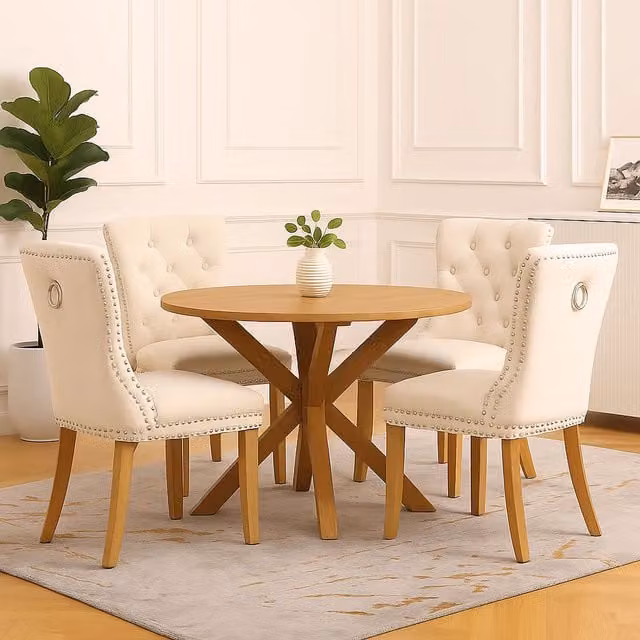 Neo Set of Four Classic Velvet Dining Chairs in Beige and Multicolour with Wood Details