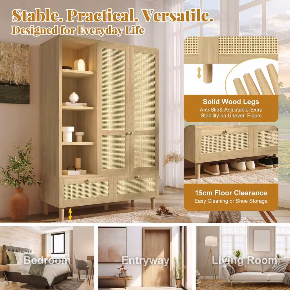 Merax Oak Rattan Effect Wardrobe with Soft-Close Hinged Doors, Open Shelves, Hanging Rail and Drawers in Natural Brown and Beige – 4