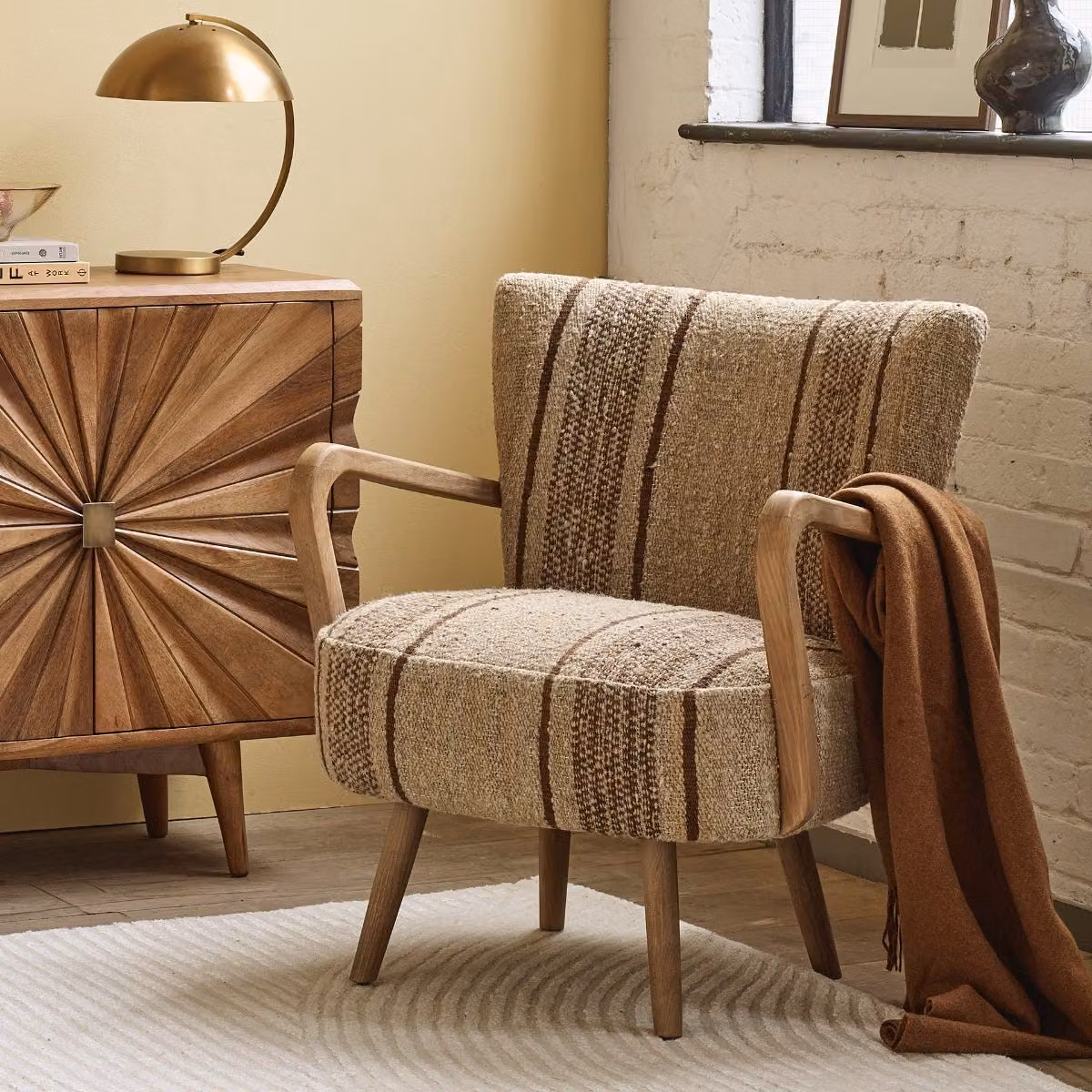Atkin and Thyme Calvin Mid-Century Armchair in Brown Striped Woven Fabric with Oak Wood Frame