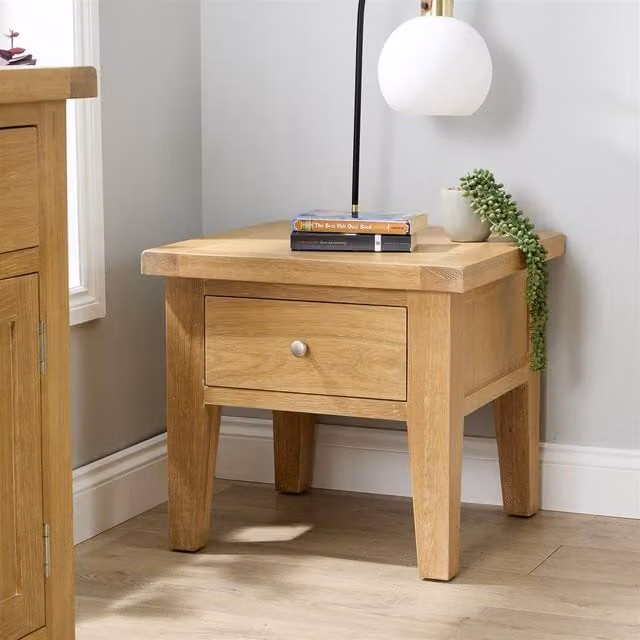 Home Source Solid Wood 1 Drawer Bedside Cabinet with Oak Top in Light Oak