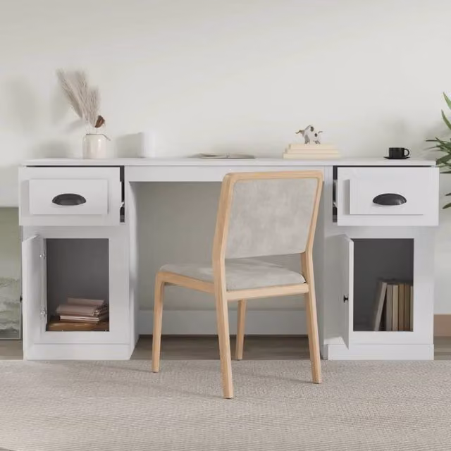 Berkfield Home Elegant Modern White Desk with Cabinet in MDF, W: 154.5 cm, D: 50 cm, H: 75 cm