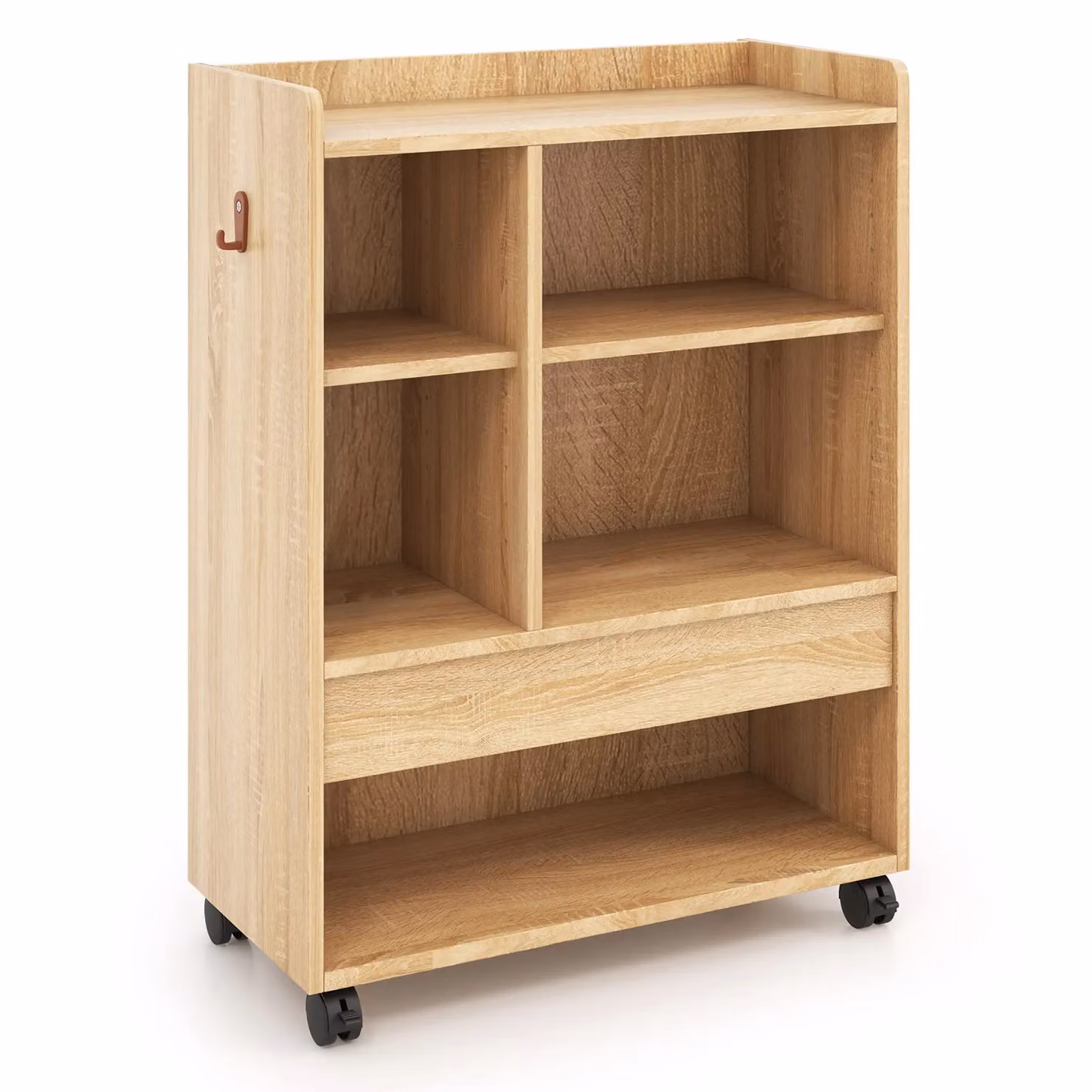 Costway Mobile Storage Cabinet with Drawer and Adjustable Shelves in Natural Wood Finish – 2