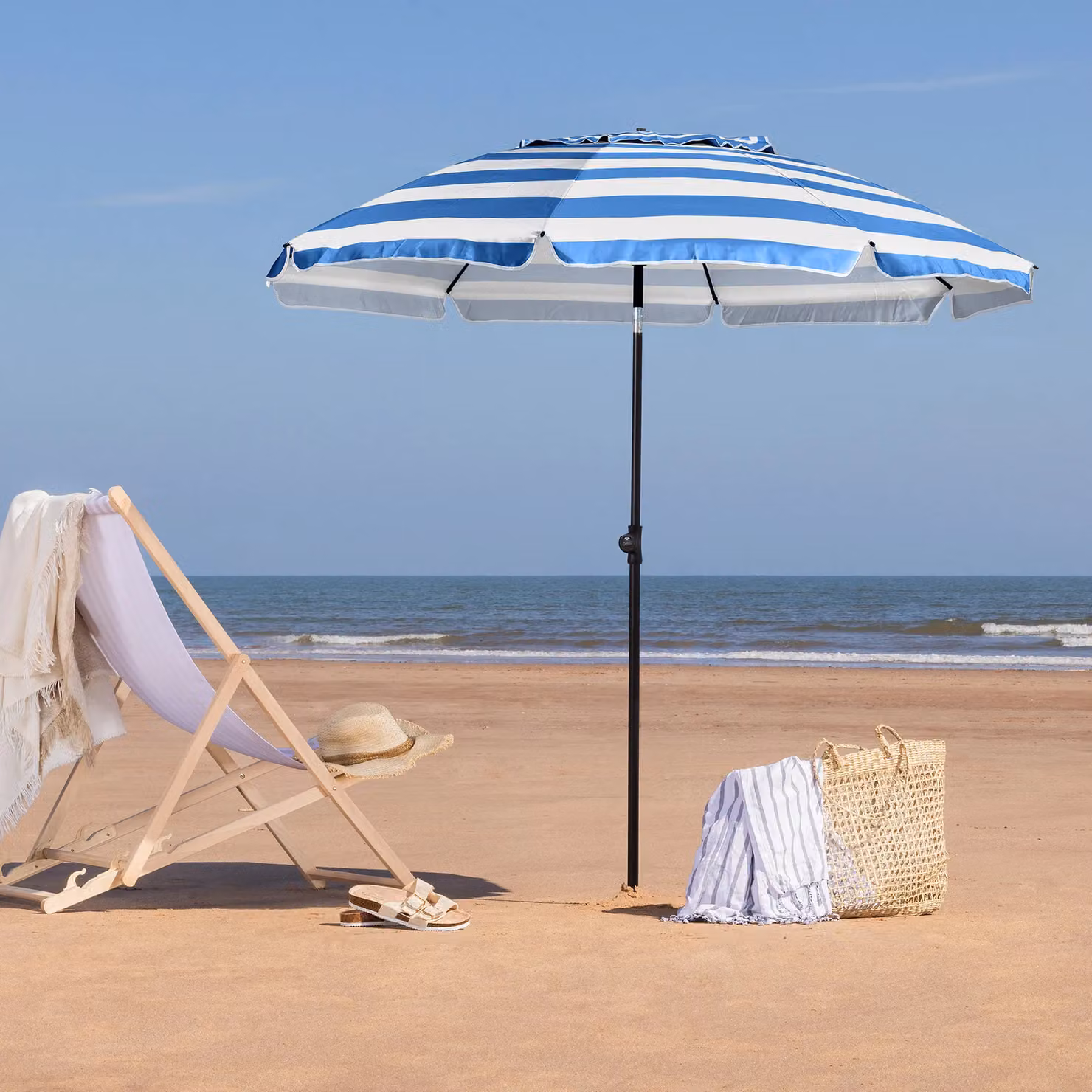 Christow Portable Beach Garden Parasol with Bag, Blue and White Stripes, 2m – 2