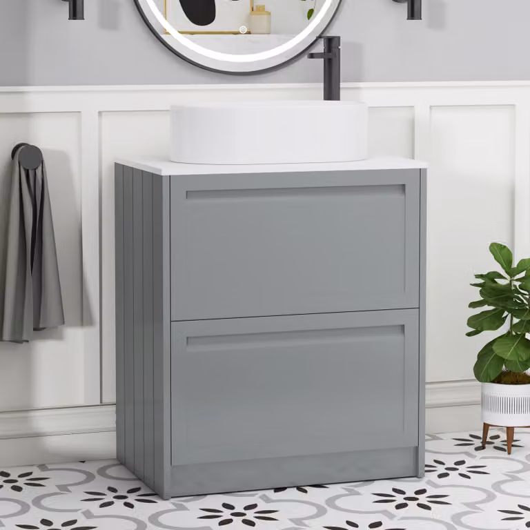 Royal Bathrooms Elmore Floor Standing 2 Drawer Vanity Unit with Peak Basin in Matt Pebble Grey and Plain White Worktop