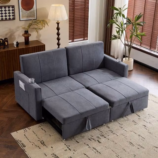BTM King Size Pull Out Sofa Bed in Grey Fabric with Cup Holders – 1