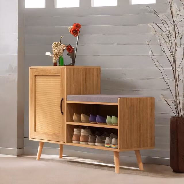 Rafaelo Mobilia Mid-Century Wooden Shoe Storage Bench with Fabric Cushioned Seat and Cabinets in Brown