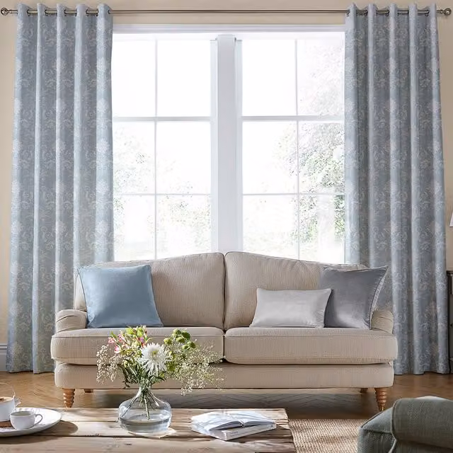 Laura Ashley Josette Made to Measure Woven Floral Blackout Eyelet Curtain Panel in Pale Seaspray Blue