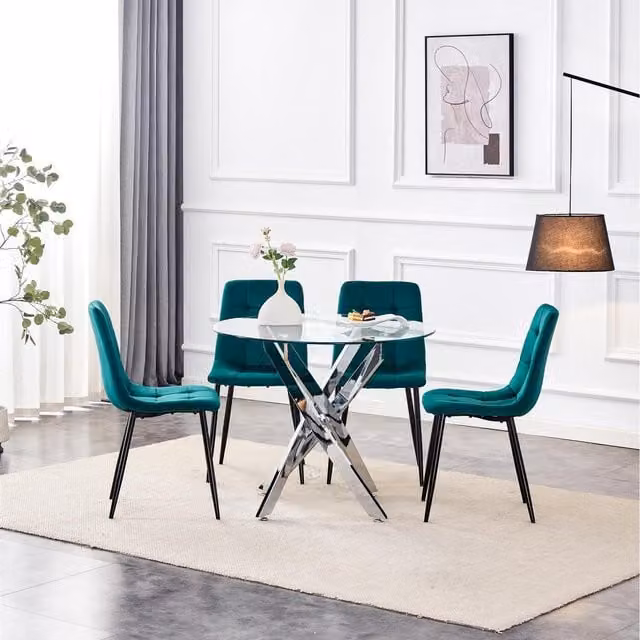 Kosy Koala Maya Modern Round Glass Dining Set with 4 Green Velvet Chairs