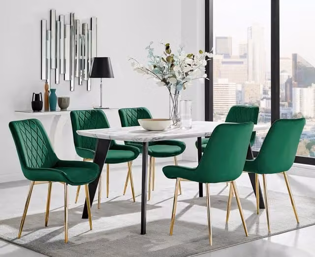 FurnitureboxUK Andria Marble Effect Dining Table with Black Legs and 6 Pesaro Green Velvet Chairs with Gold Legs