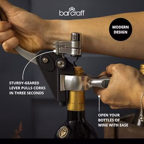 BarCraft Deluxe Lever-Arm Corkscrew Gift Set in Black with Foil Cutter and Metal Accents – 6