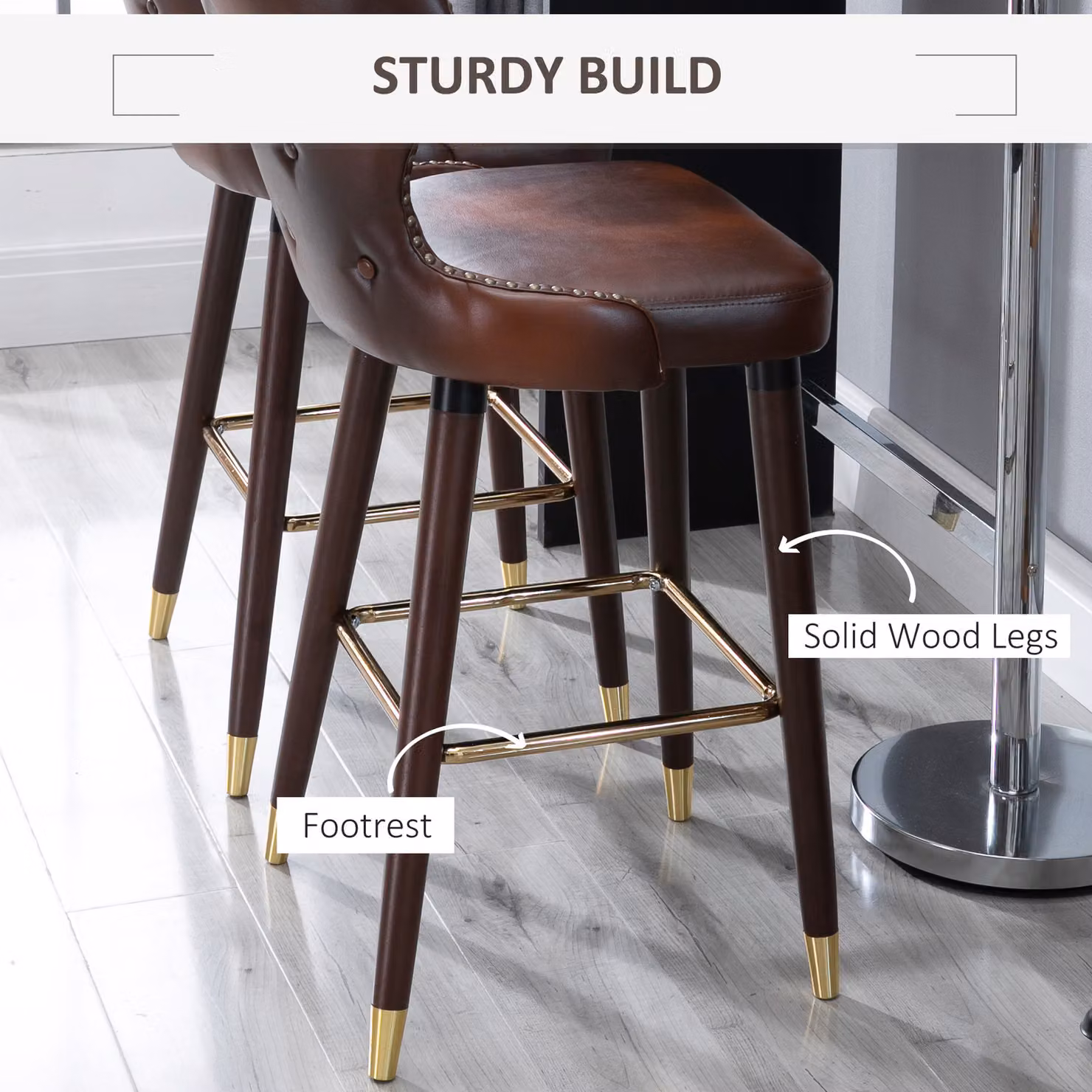 HOMCOM Set of 2 Vintage PU Leather Counter-Height Bar Stools in Brown – 5