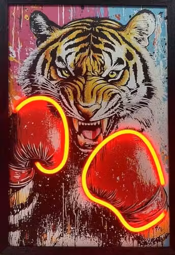 HOME LUXE INTERIOR Raging Tiger Boxing Multicolour Neon LED Wall Art, W: 40 cm, H: 60 cm