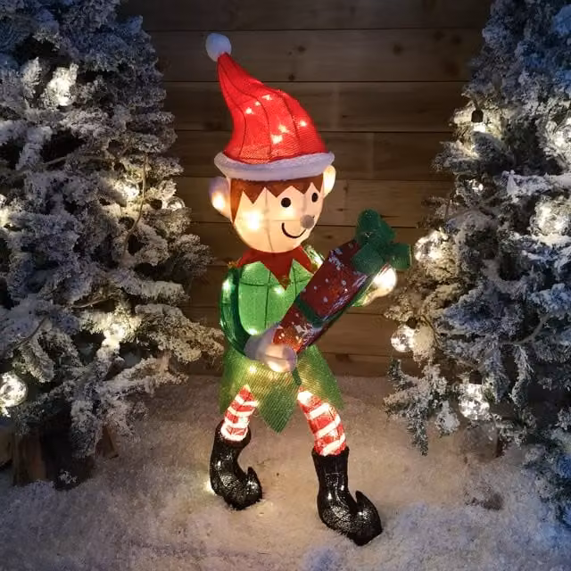 Samuel Alexander 107cm LED Lit Elf Character with Present Christmas Decoration in Green, Red and Black – 1